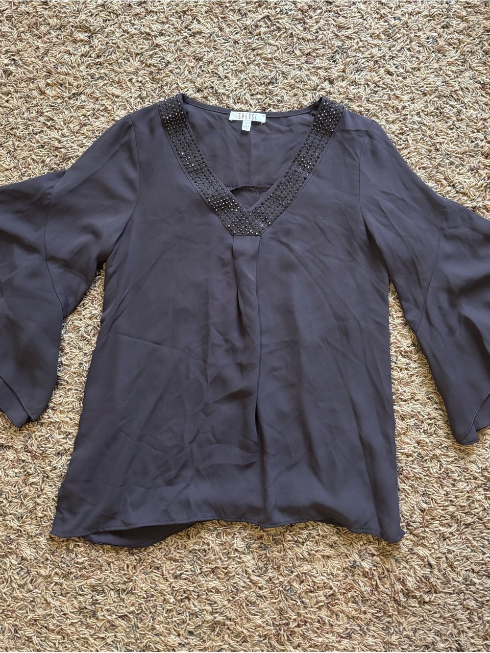 Spense Aubergine Embellished V-Neck Blouse Women’s Small Boho Vintage Y2K Party